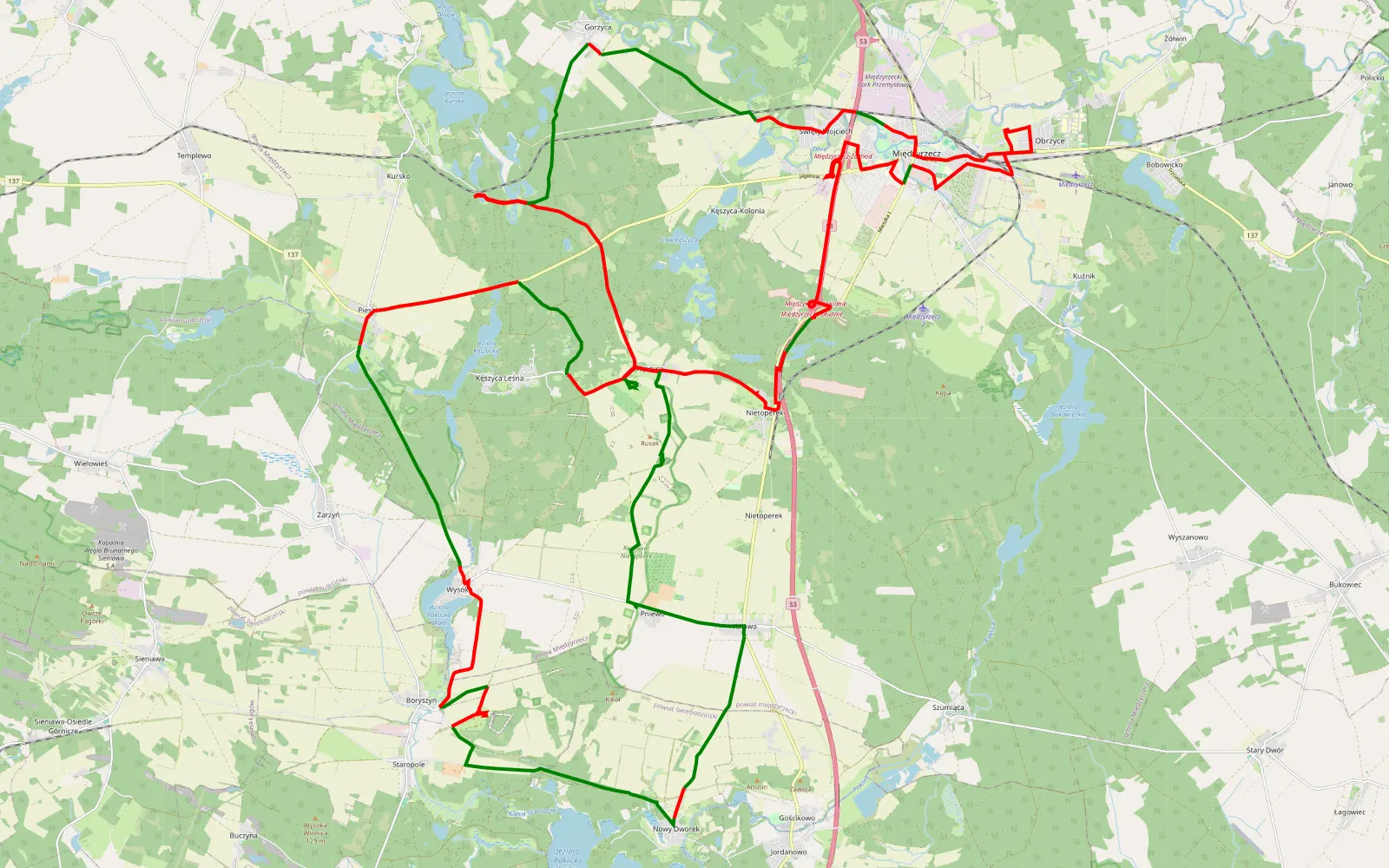 Mapa trasy TUR Szlakiem Umocnień MRI III 2026 - 66.9 km trasy offroad, Powiat Międzyrzecki