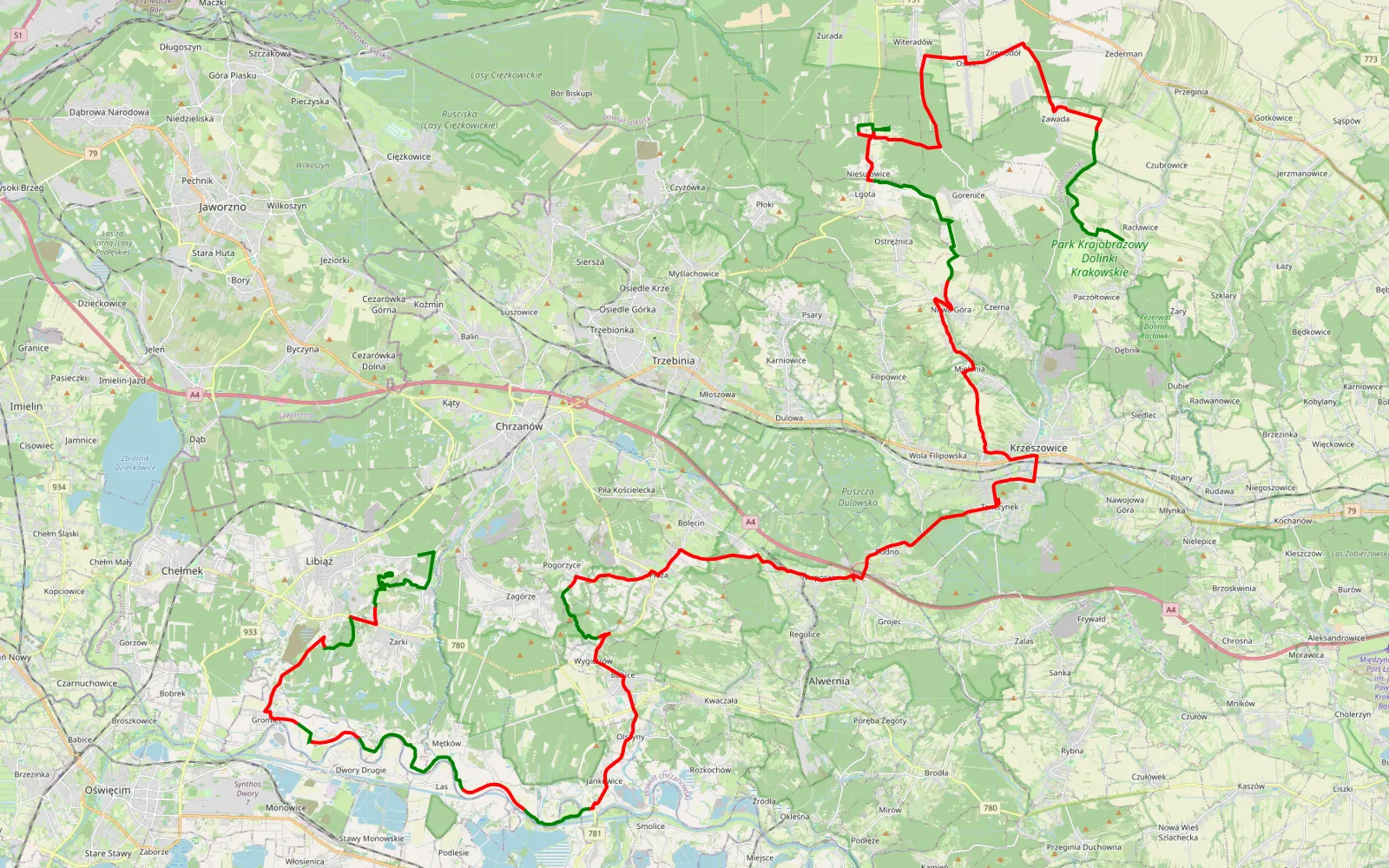 Mapa trasy Jaworek - Racławice - 91.1 km trasy offroad, Powiat Chrzanowski