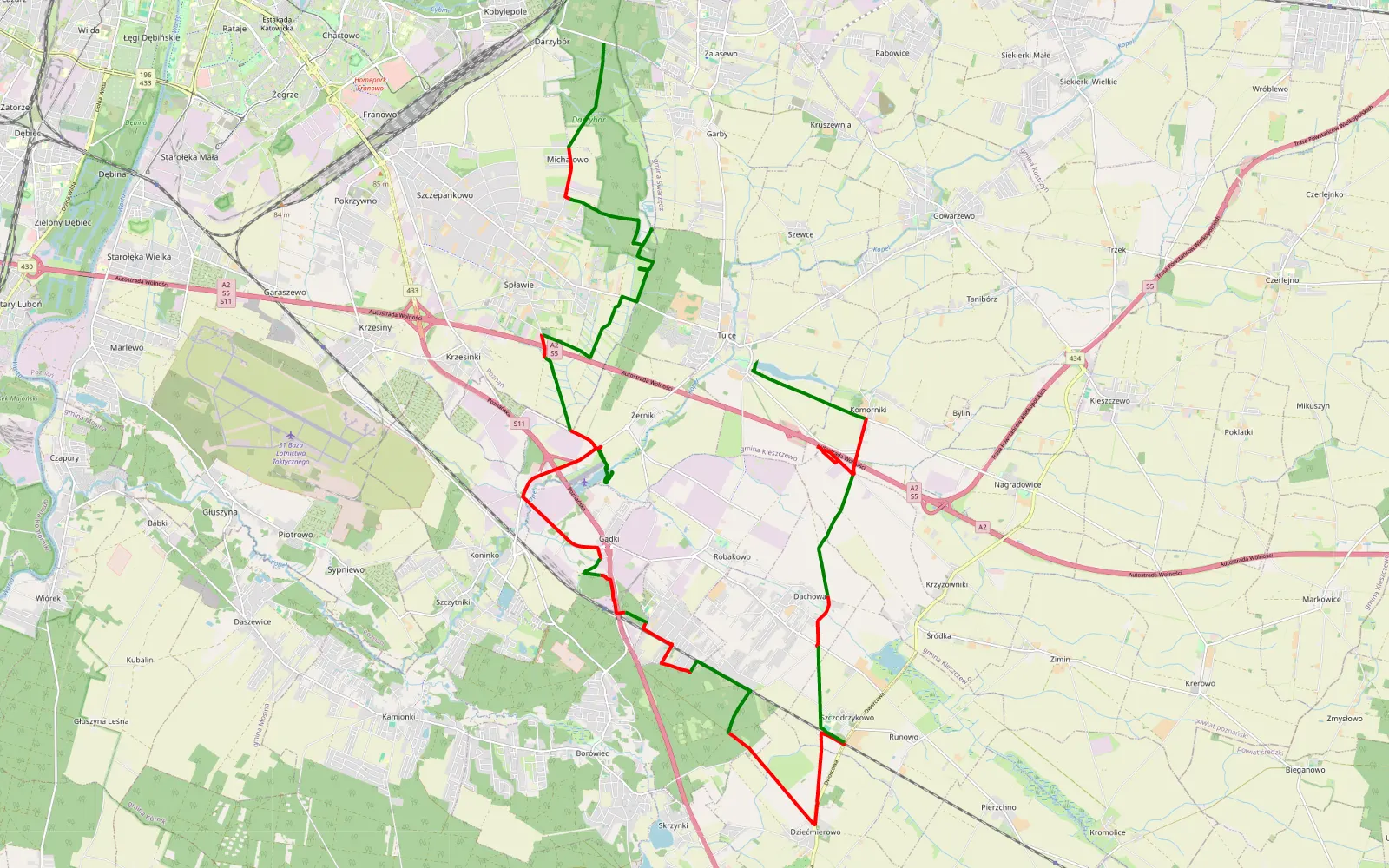 Map of Kobyle Pole - Tulce by Miki - 36.4 km offroad trail, Poznań County