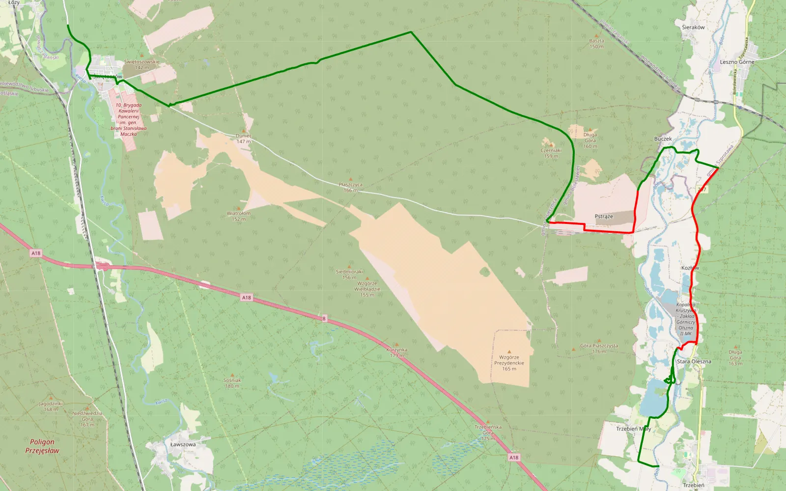 Map of Lozy - Trzebień - 28.6 km offroad trail, Bolesławiec County