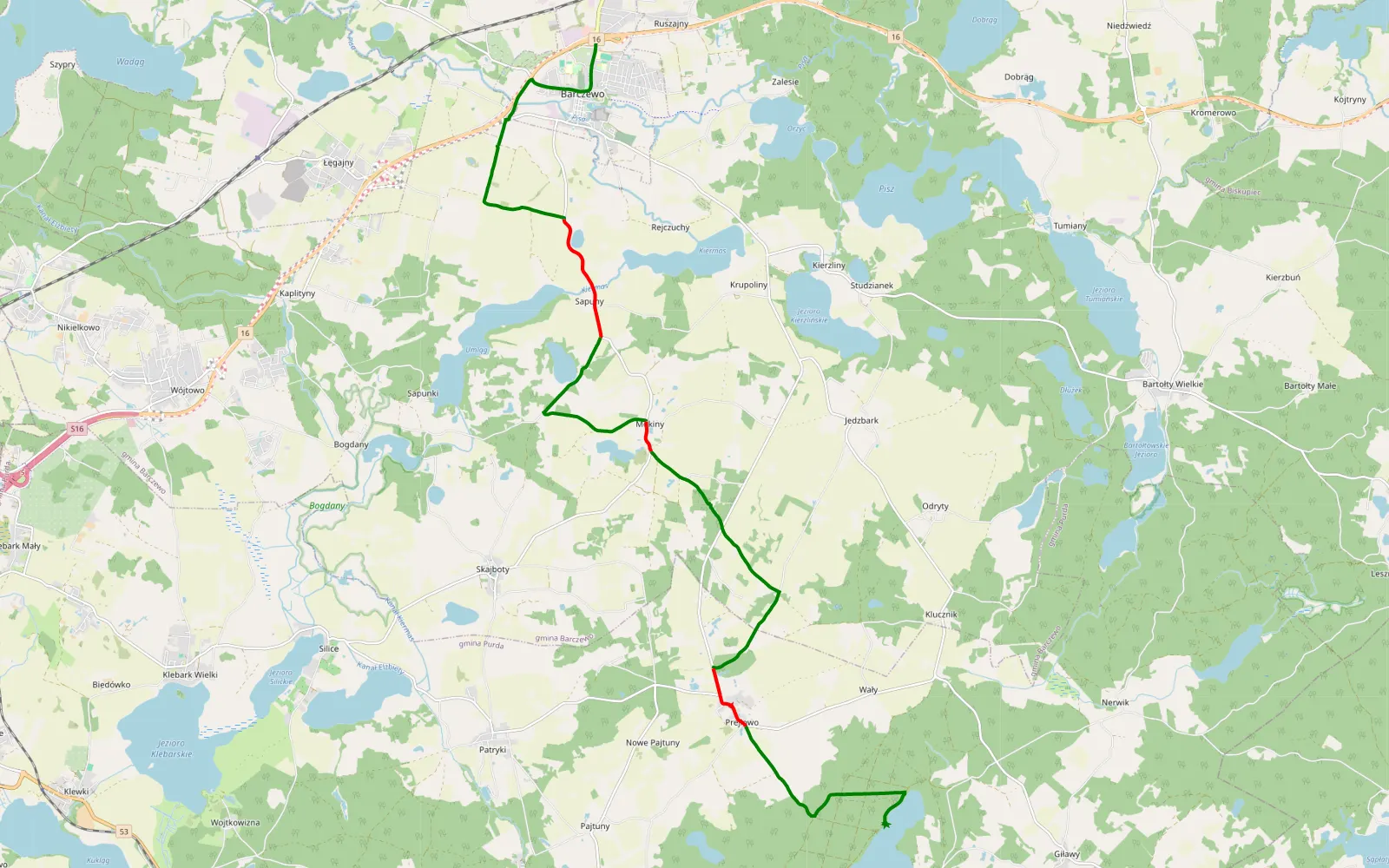 Mapa trasy Barczewo - Groszkowo - 17.5 km trasy offroad, Powiat Olsztyński
