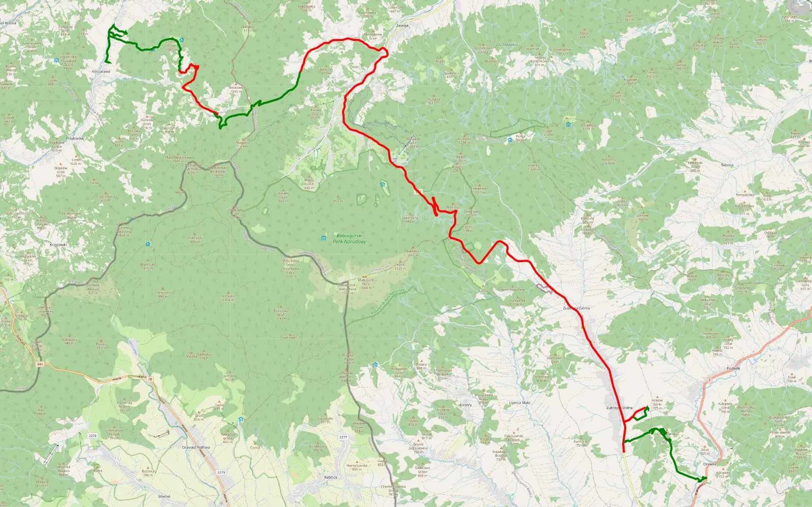Mapa trasy Koszarawa - Przełecz Krowiarki - Orawka - 53 km trasy offroad, Powiat Nowotarski