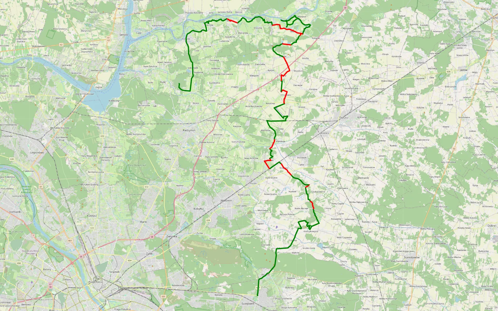 Mapa trasy 2026-09-04 - z Sulejówka nad Bug - 71.7 km trasy offroad, Powiat Wołomiński