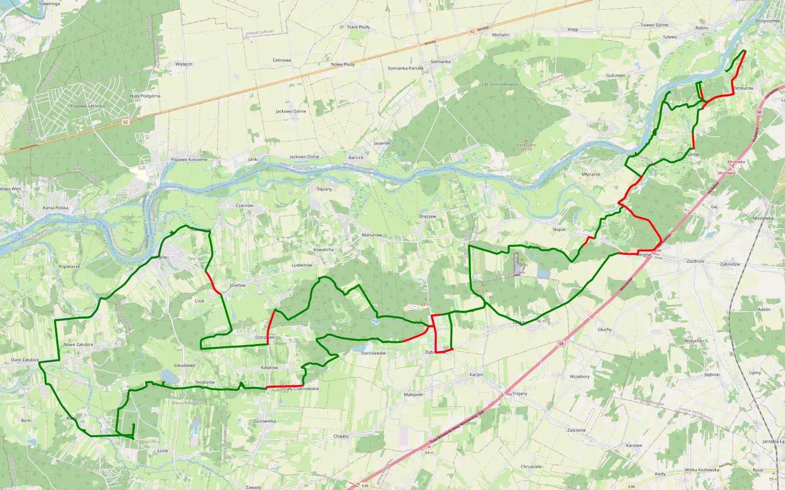Mapa trasy 2026-09-05 - z Łosi do Wyszkowa - 73.3 km trasy offroad, Powiat Wołomiński