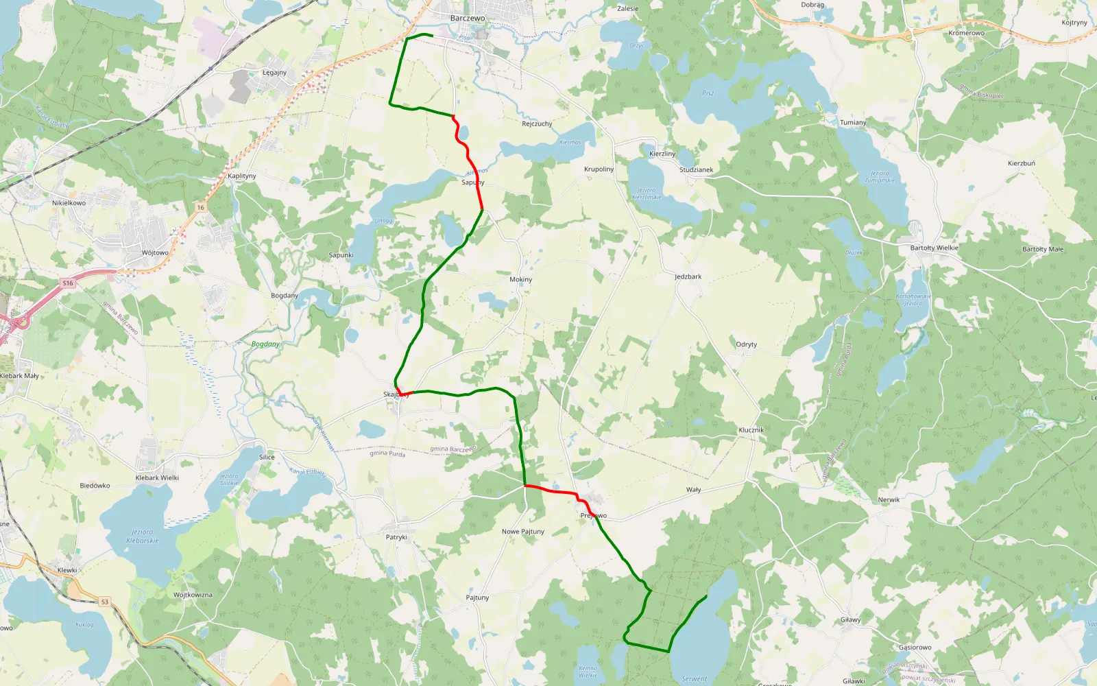 Mapa trasy Groszkowo - Barczewo - 18.8 km trasy offroad, Powiat Olsztyński