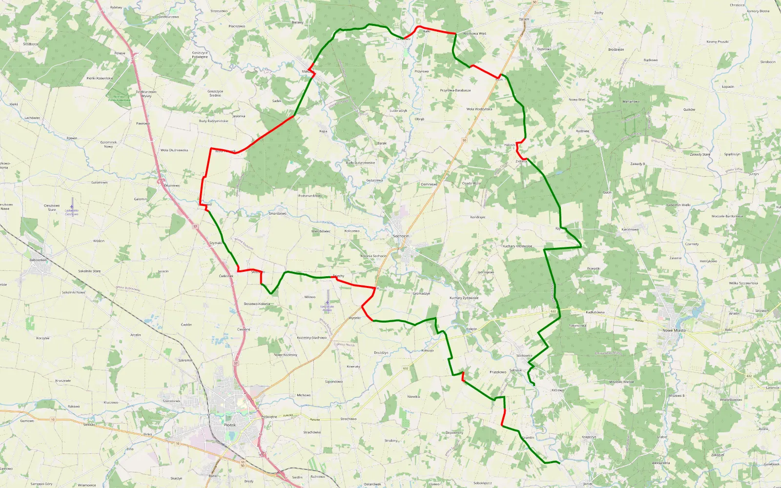 Mapa trasy Trasa offroad 58.6 km, Powiat Płoński - 58.6 km trasy offroad, Powiat Płoński