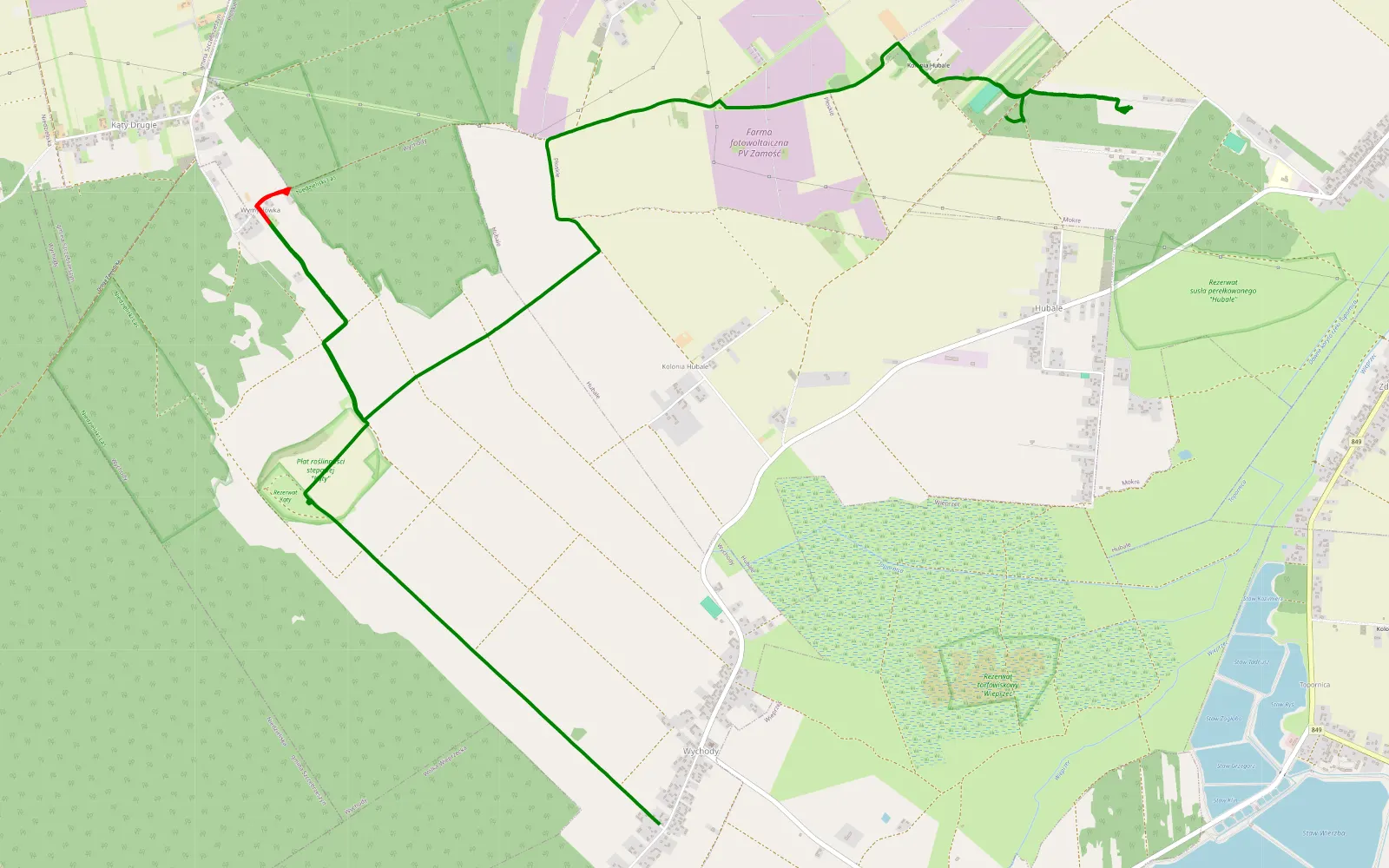 Mapa trasy Wychody - 12.8 km trasy offroad, Powiat Zamojski
