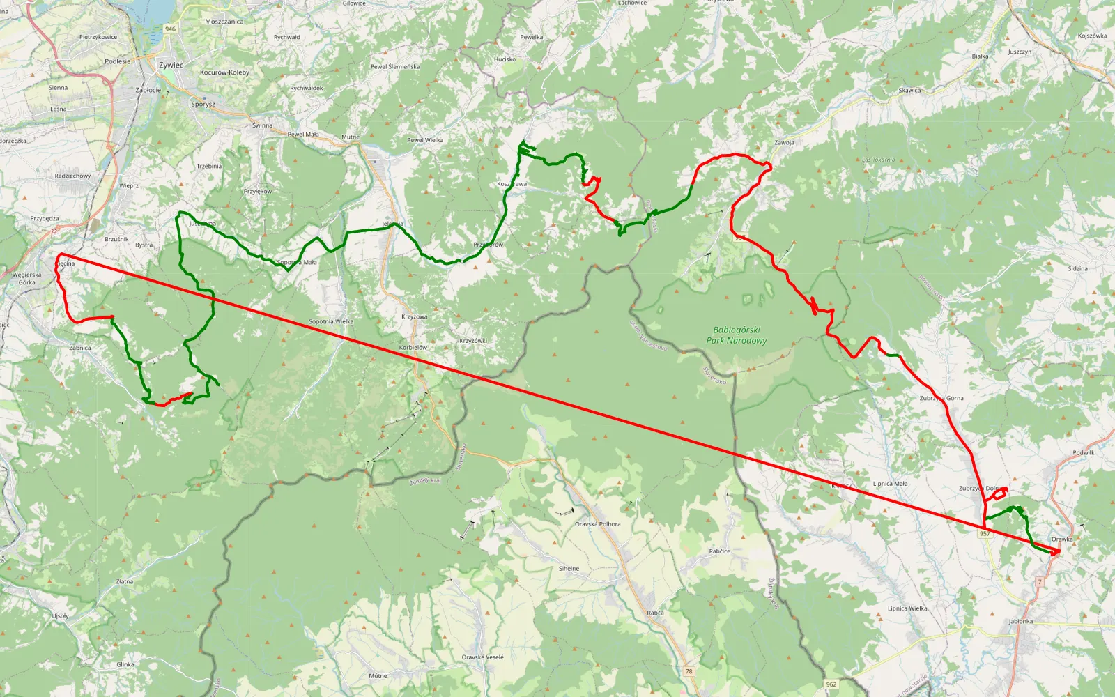Map of Juszczyna - Górska Stacja Turystyczna Słowianka - Zawodzie - Wikiloc - 122 km offroad trail, Żywiec County