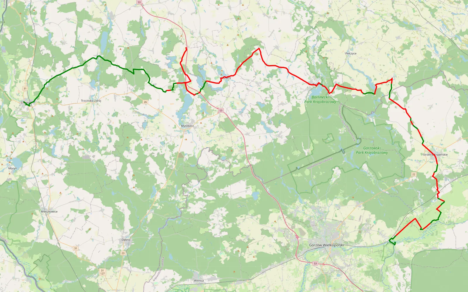 Map of Polen 2026Tag1 - 117.8 km offroad trail, Strzelce-Drezdenko County