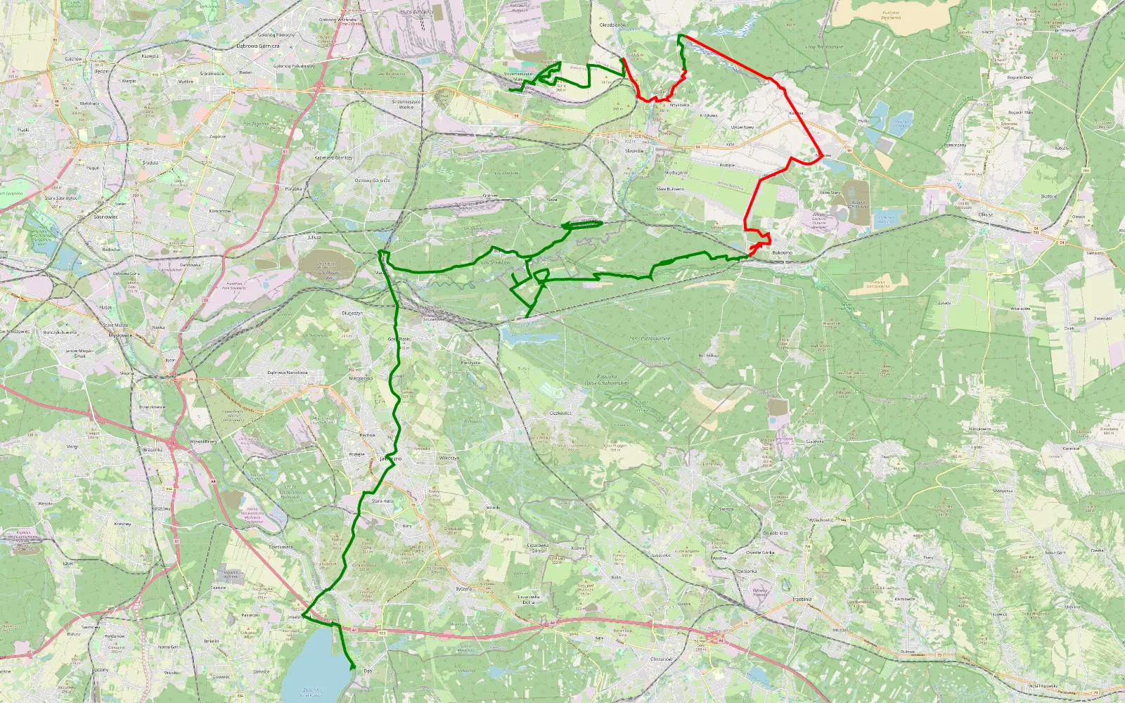 Mapa trasy Strzemieszyce Małe - Dąb - 51.9 km trasy offroad, Powiat Olkuski