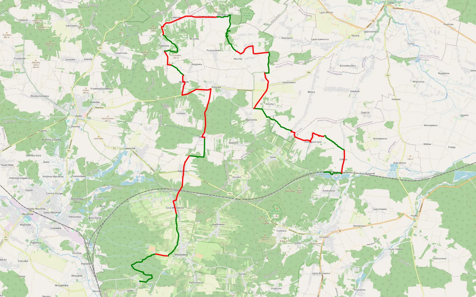 Mapa trasy Kostkowice - Nierada - 48.5 km trasy offroad, Powiat Myszkowski