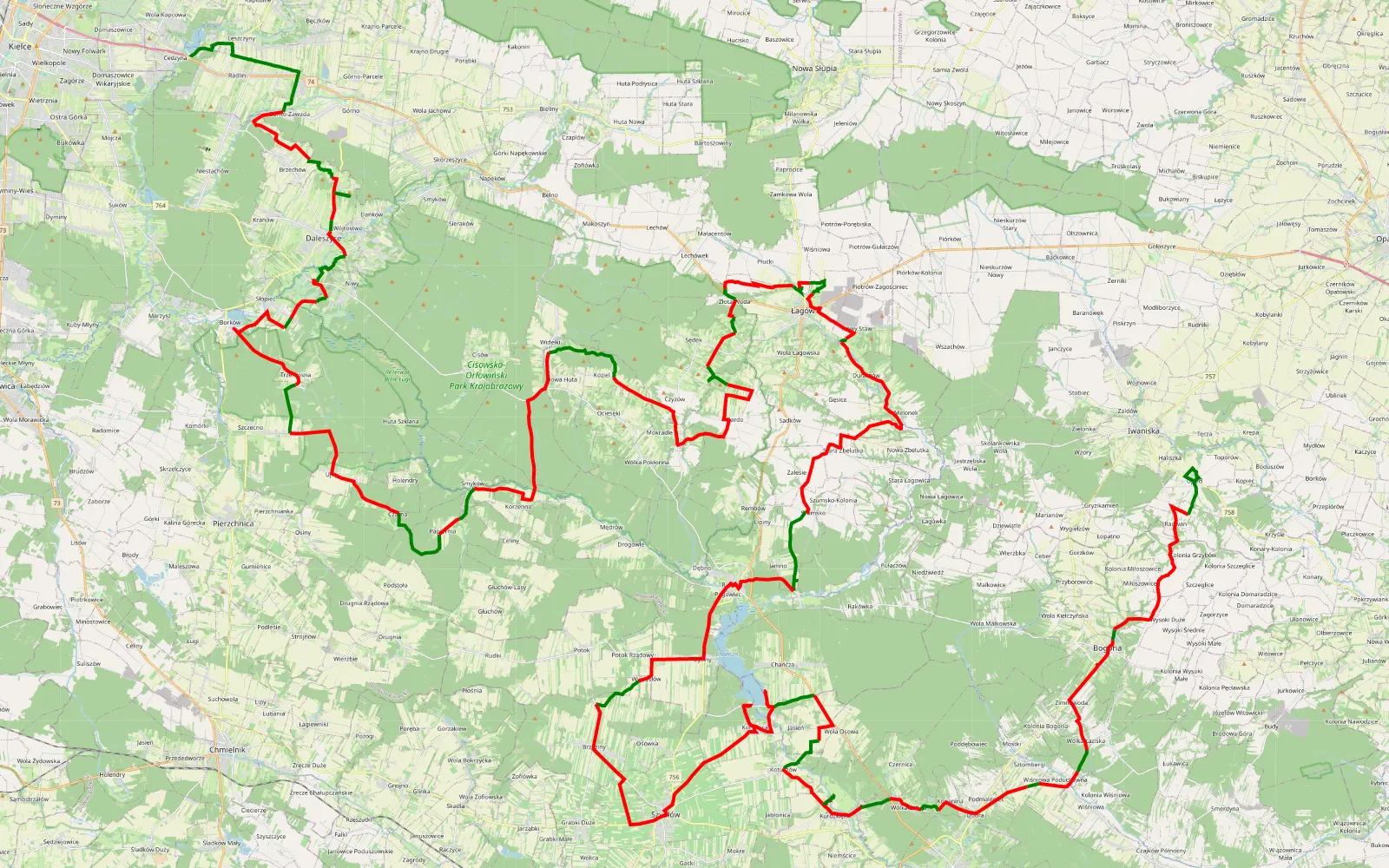 Map of Góry Świętokrzyskie - 163.2 km offroad trail, Kielce County