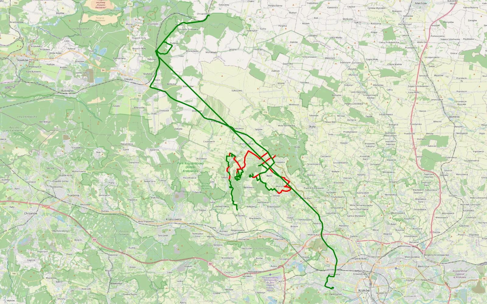 Map of Brzezinka - Źródło Pióro - Jaskinia Łabajowa - Zwierzyniec - 46 km offroad trail, Kraków County