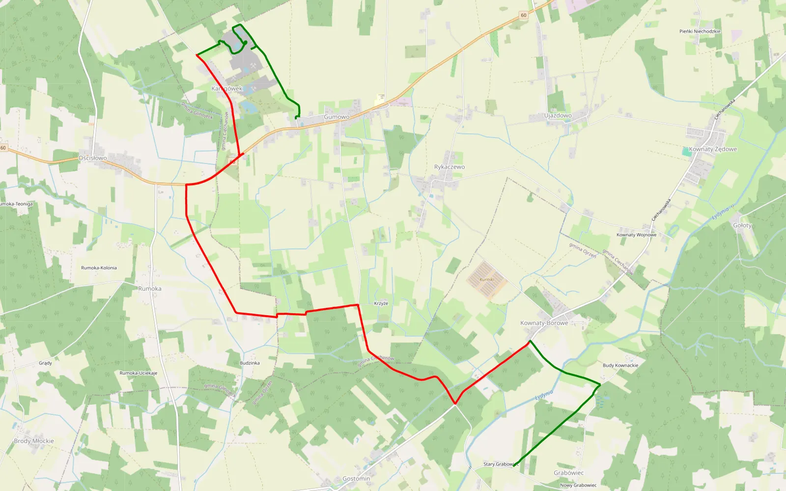 Mapa trasy Grabowiec - Gumowo Szlacheckie - 14.2 km trasy offroad, Powiat Ciechanowski