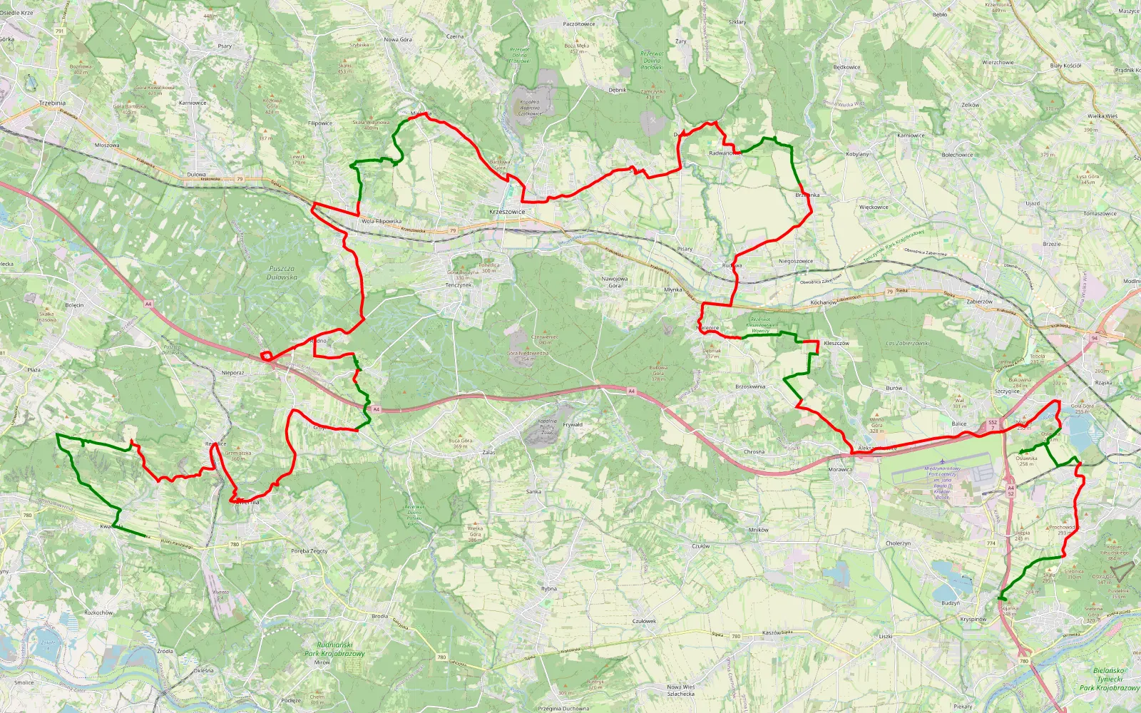 Mapa trasy Lotnisko - Alwernia Planet - Zamek Tenczynek - Muzeum Pożarnictwa - 73.6 km trasy offroad, Powiat Krakowski