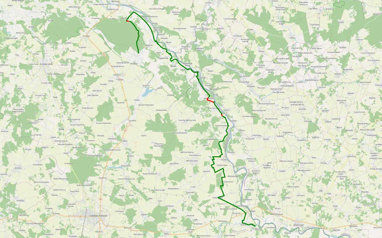 Mapa trasy Mogielnica - Chądzyń - 48.9 km trasy offroad, Powiat Sokołowski