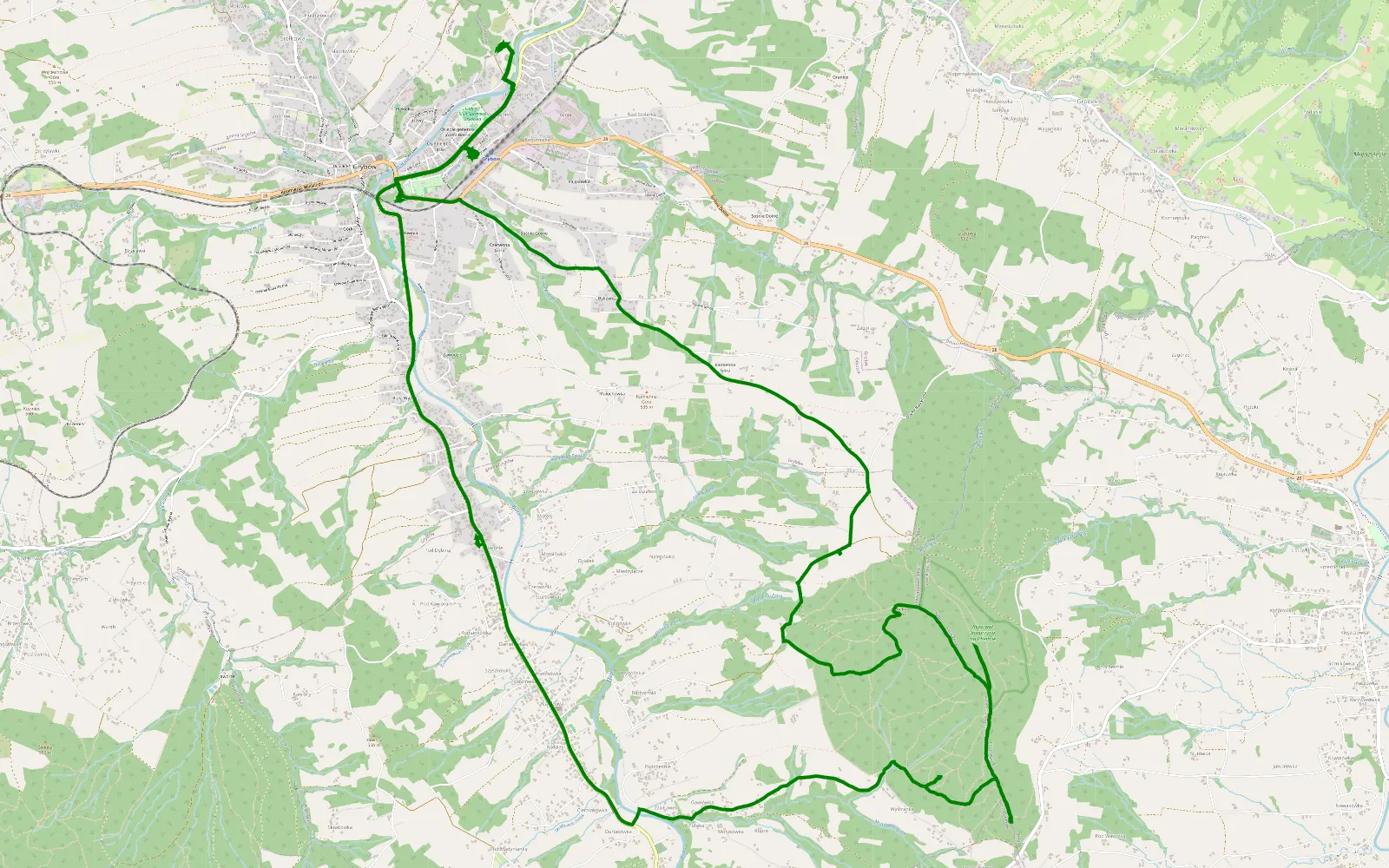 Map of Kaplica Najświętszego Serca Pana Jezusa and Chelm p from Grybów - 7.3 km offroad trail, Nowy Sącz County