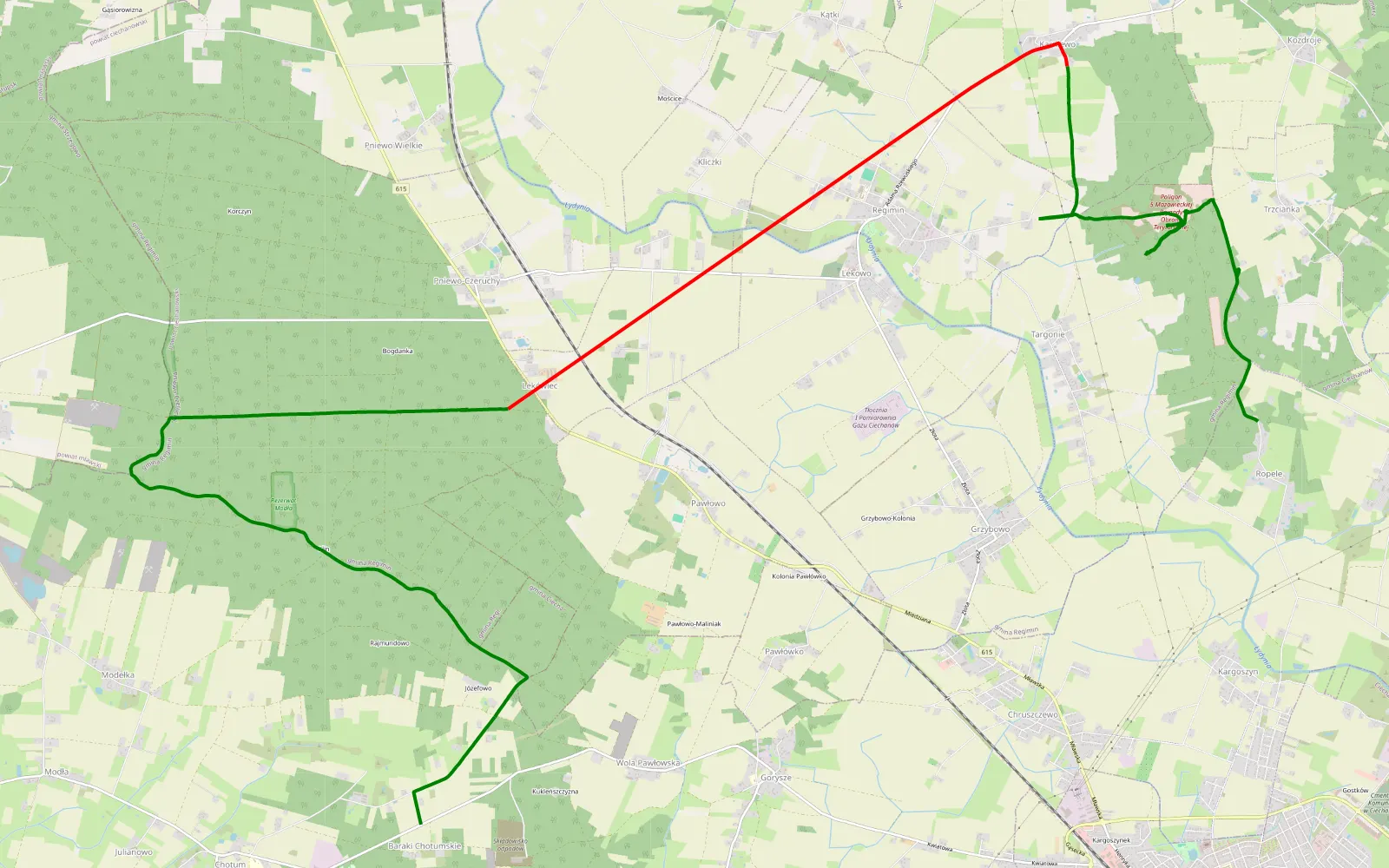Mapa trasy Niedzielna przejażdżka z obiadem - 21.9 km trasy offroad, Powiat Ciechanowski