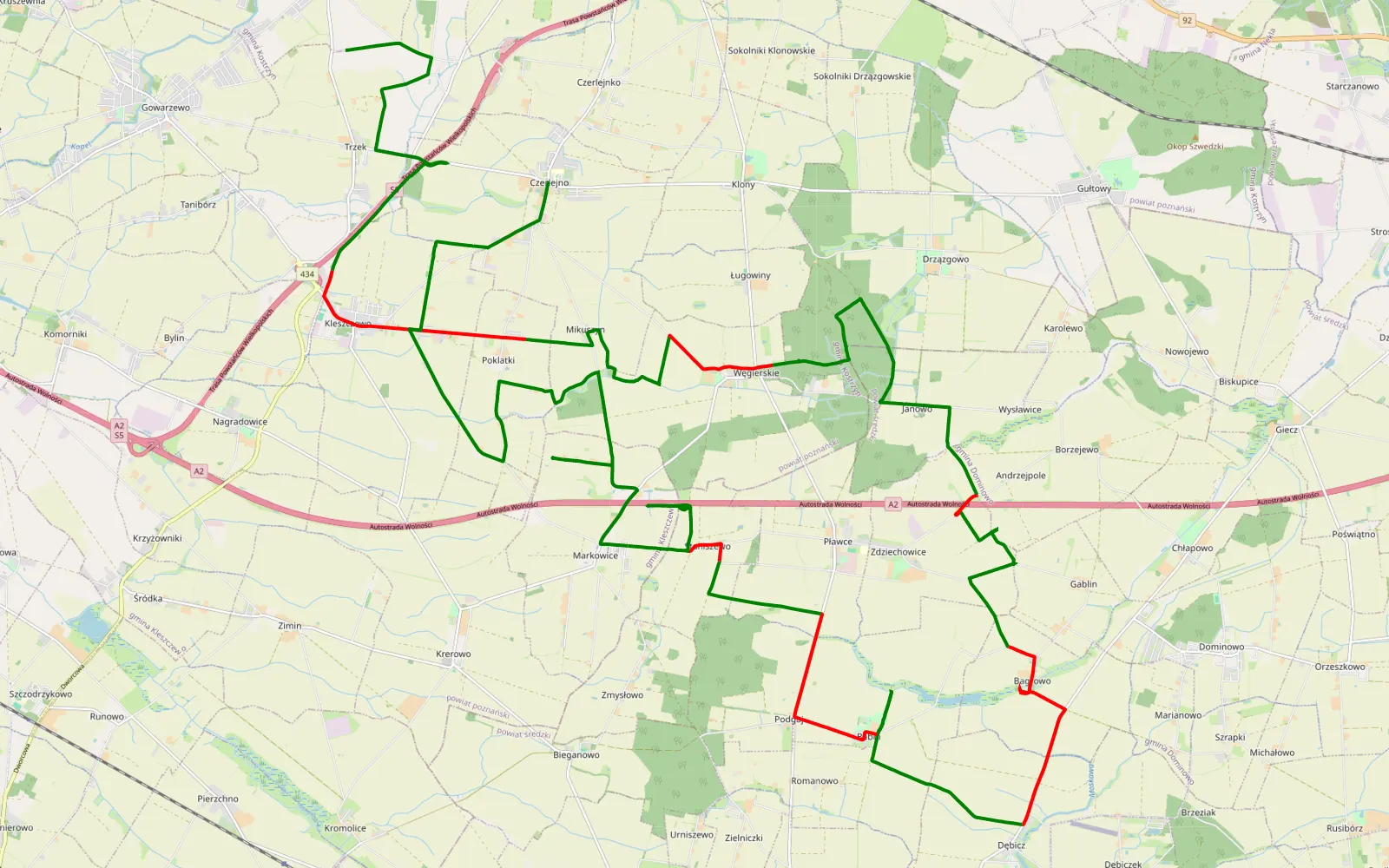 Map of Kierunek Środa Wlkp. by Miki - 38.3 km offroad trail, Środa Wielkopolska County