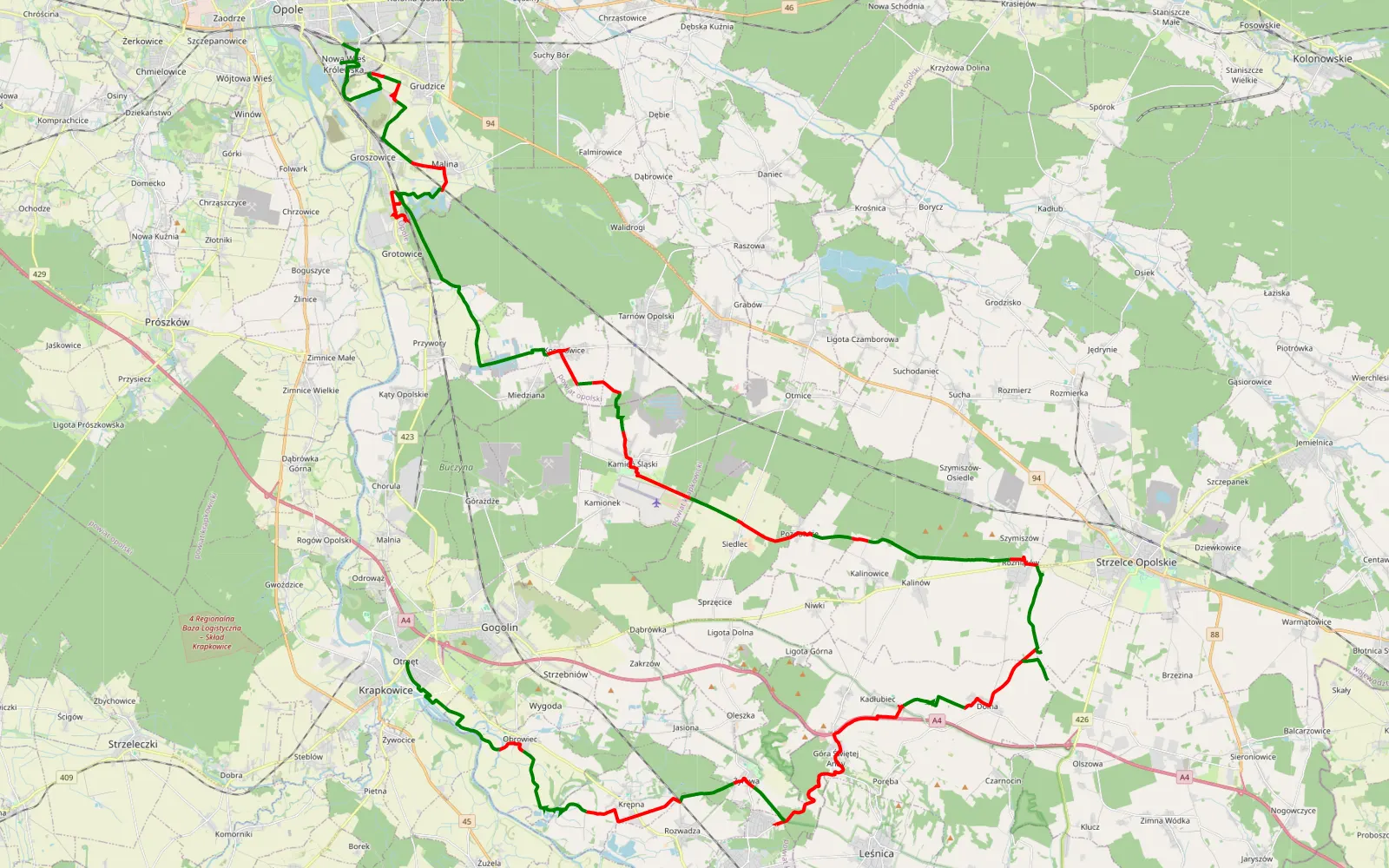Map of Nowa Wieś Królewska - Otmęt - 77.9 km offroad trail, Strzelce County
