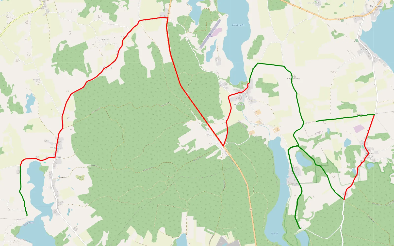 Mapa trasy Poręby - Krzywe - 22.1 km trasy offroad, Powiat Mrągowski