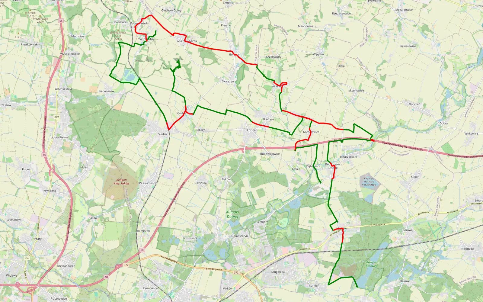 Map of Januszkowice - Bielawa - 57.1 km offroad trail, Wrocław County