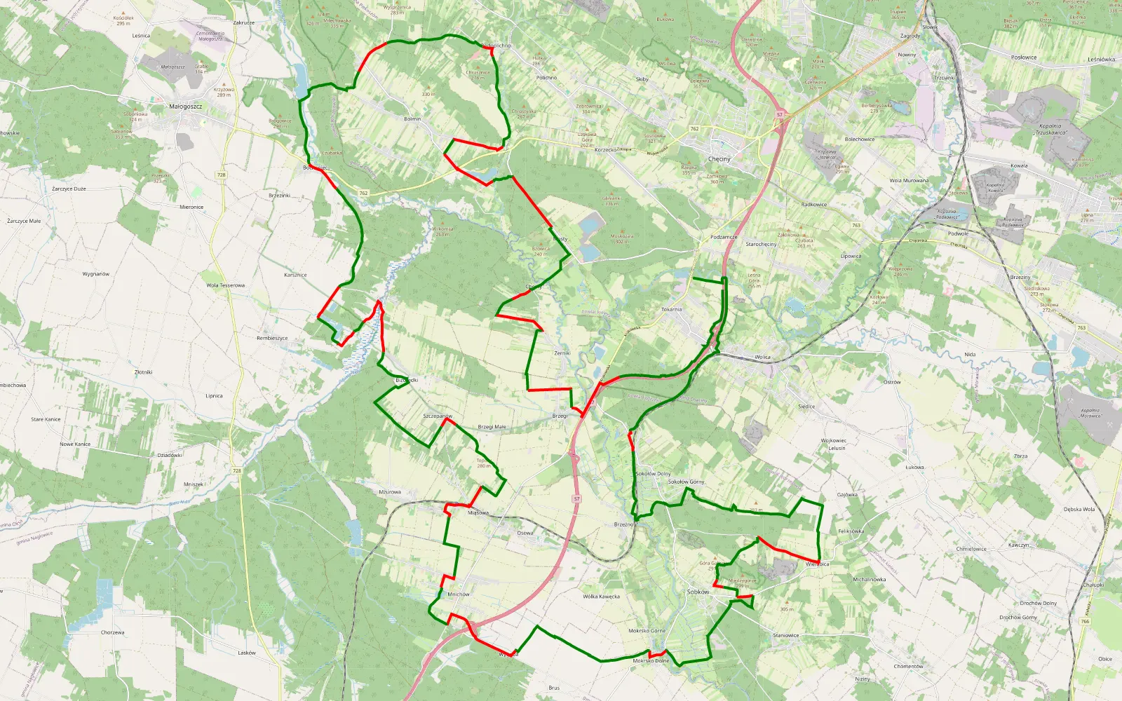 Mapa trasy Turystyka rowerowa - 85.8 km trasy offroad, Powiat Jędrzejowski