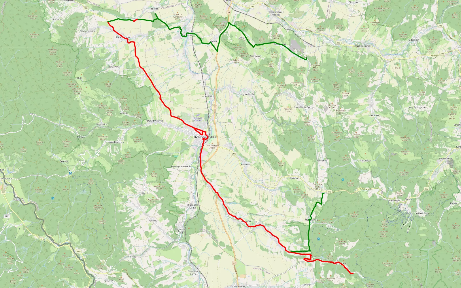 Mapa trasy Romanowo - Idzików objazdówka - 42 km trasy offroad, Powiat Kłodzki