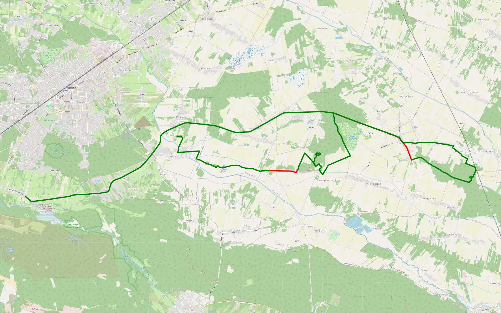 Mapa trasy Mostówka - Ossów - 17.8 km trasy offroad, Powiat Wołomiński