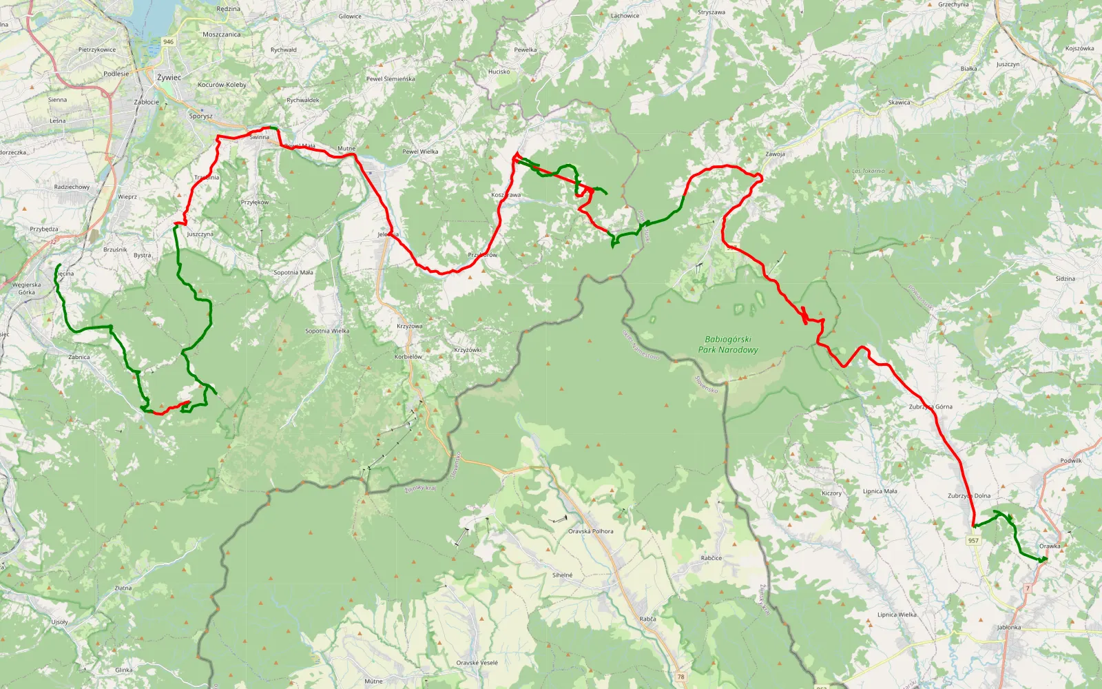 Mapa trasy Koszarawa - Przełecz Krowiarki - Orawka - Wikiloc - 108.2 km trasy offroad, Powiat Żywiecki