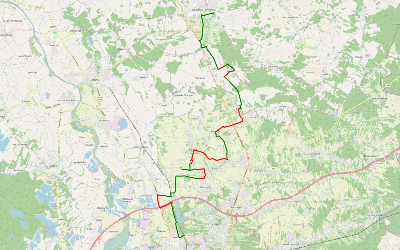 Mapa trasy Dąbrowa Tarnowska - 27.3 km trasy offroad, Powiat Tarnowski