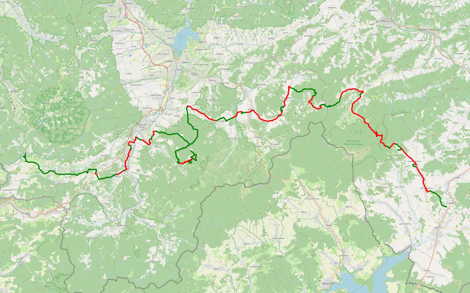 Mapa trasy Route 1 - 125.3 km trasy offroad, Powiat Żywiecki