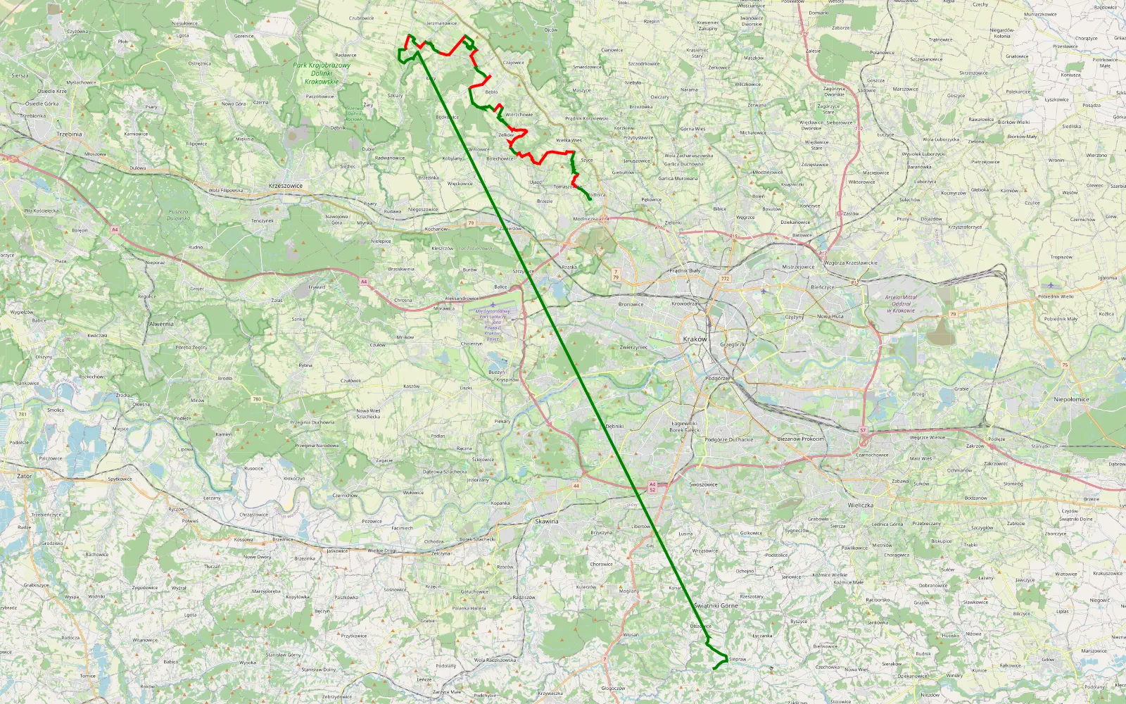 Map of Modlnica - Jaskinia Borsucza - Jaskinia Łabajowa - Źródło Pióro - Siepraw - 28.7 km offroad trail, Kraków County