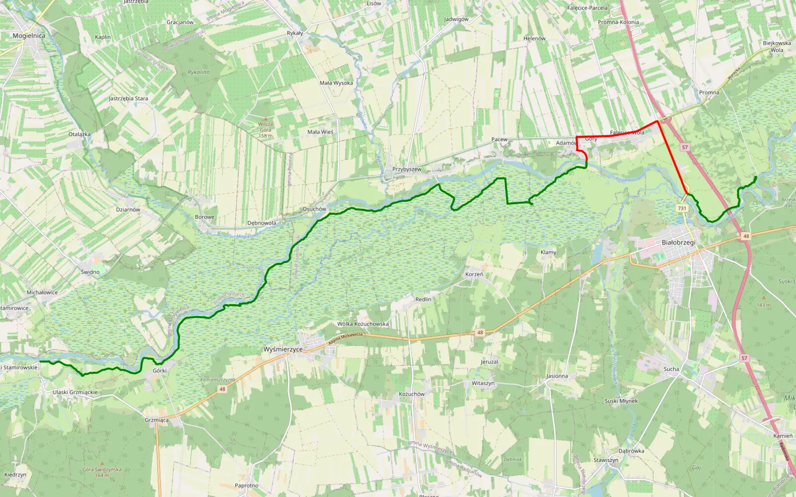 Mapa trasy Ulaski Grzmiąckie - Kolonia Brzeźce - 26 km trasy offroad, Powiat Białobrzeski
