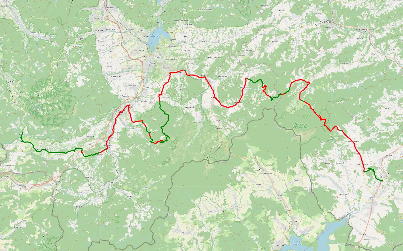 Mapa trasy Koszarawa - Przełecz Krowiarki - Orawka - Wikiloc - 115.3 km trasy offroad, Powiat Żywiecki
