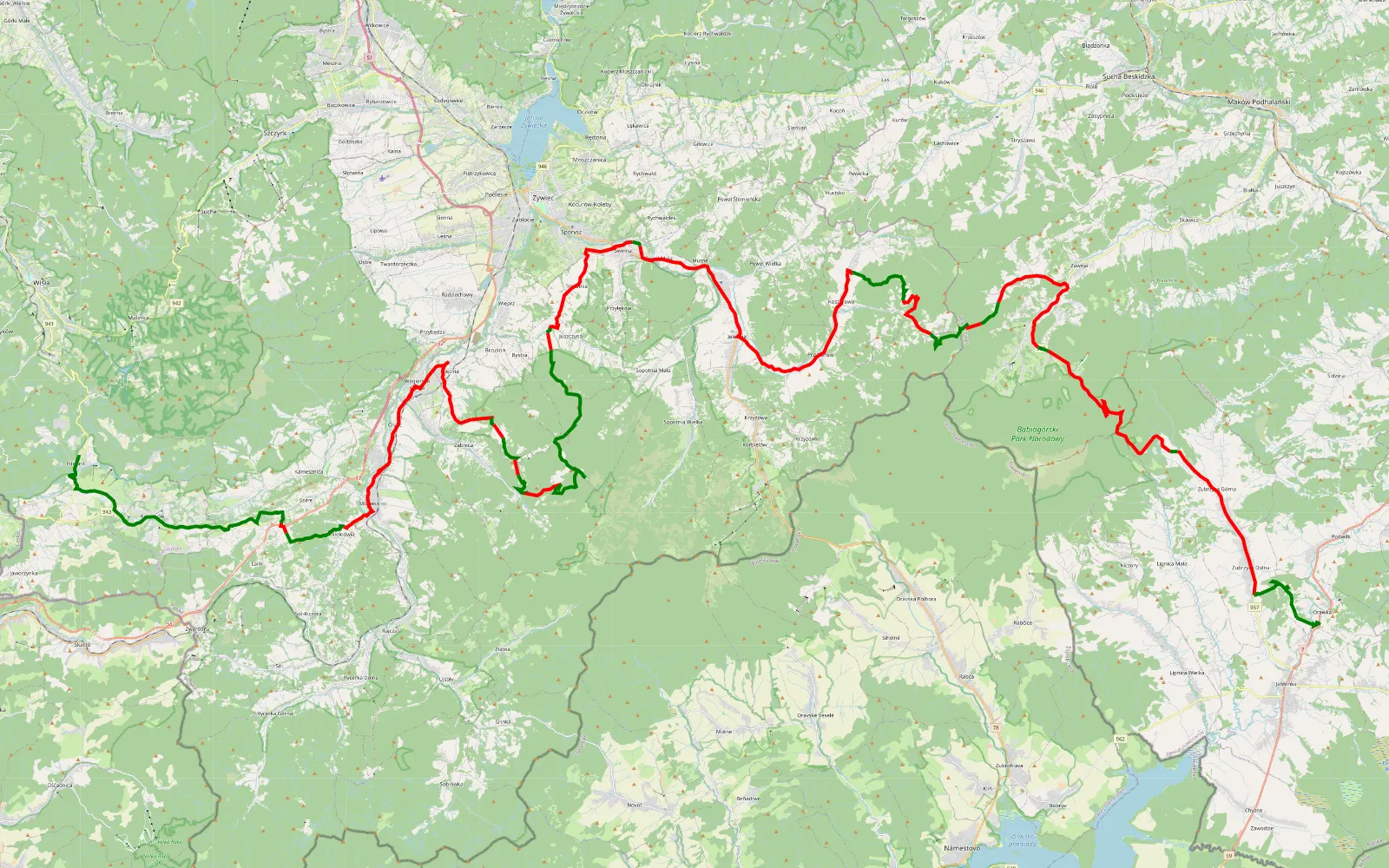 Mapa trasy Koszarawa - Przełecz Krowiarki - Orawka - Wikiloc - 114.6 km trasy offroad, Powiat Żywiecki
