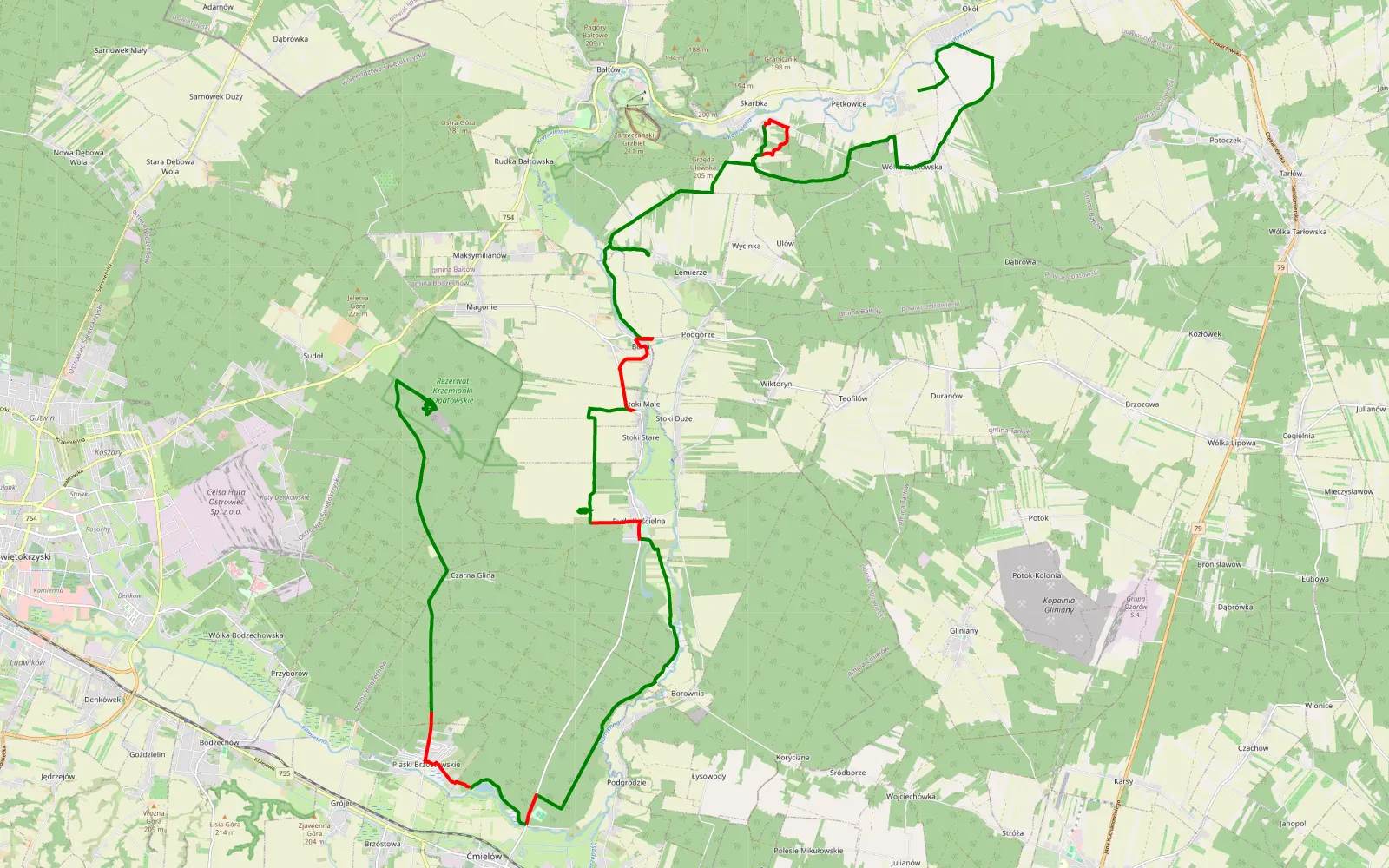 Map of Bałtów - 39 km offroad trail, Ostrowiec County