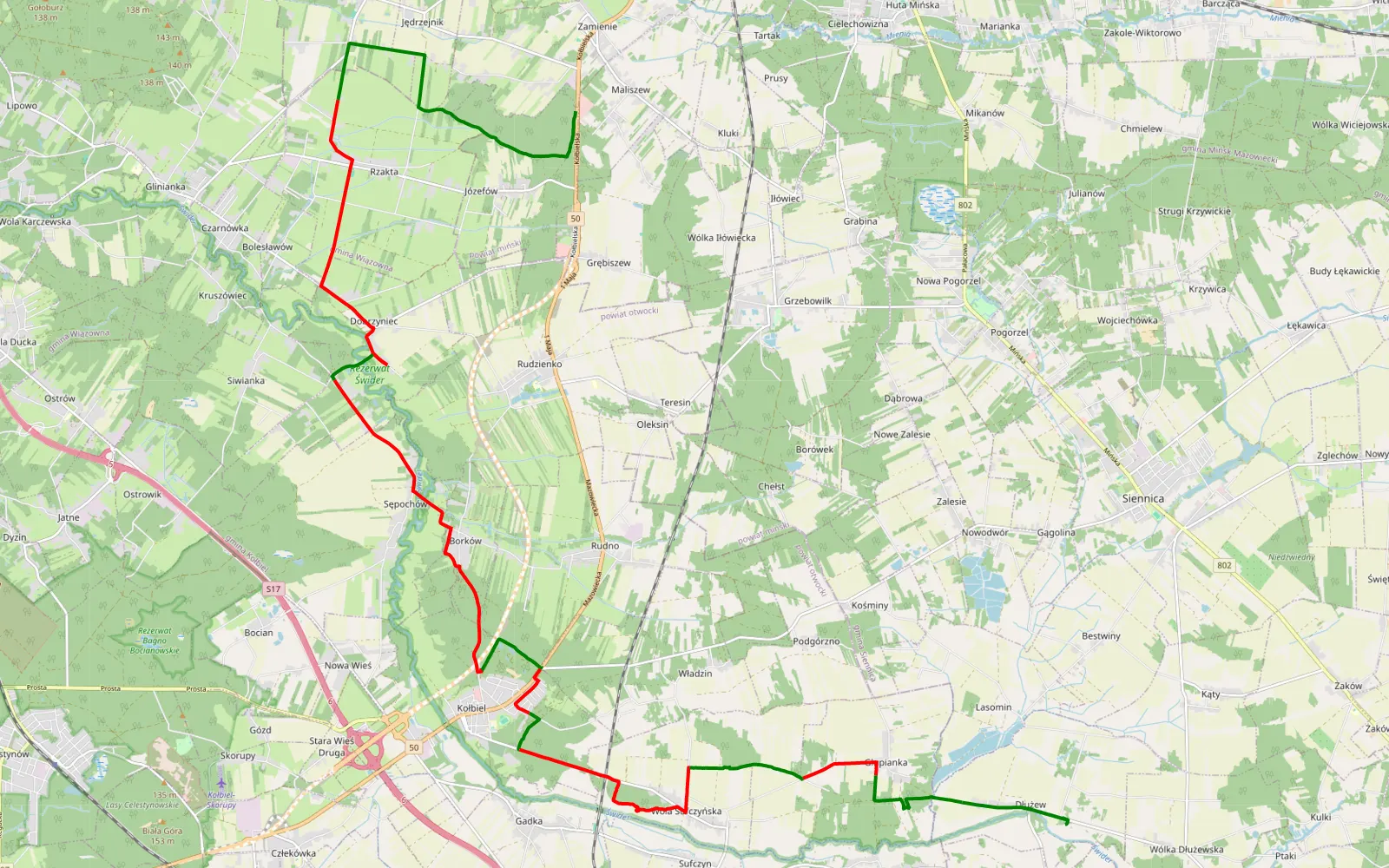 Map of Maliszew - Majdan - 27.6 km offroad trail, Otwock County