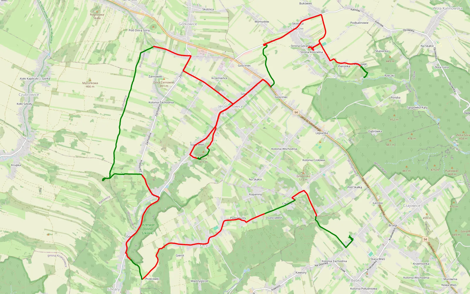 Map of Sąspów - Bębło - 25.4 km offroad trail, Kraków County