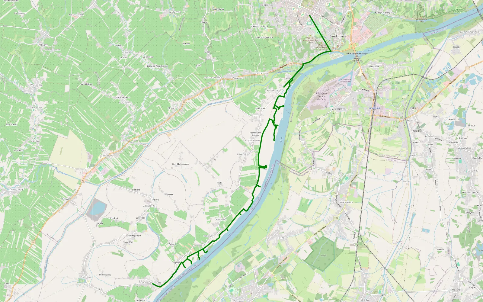 Mapa trasy Sandomierz - Bogoryja - 14.4 km trasy offroad, Powiat Sandomierski