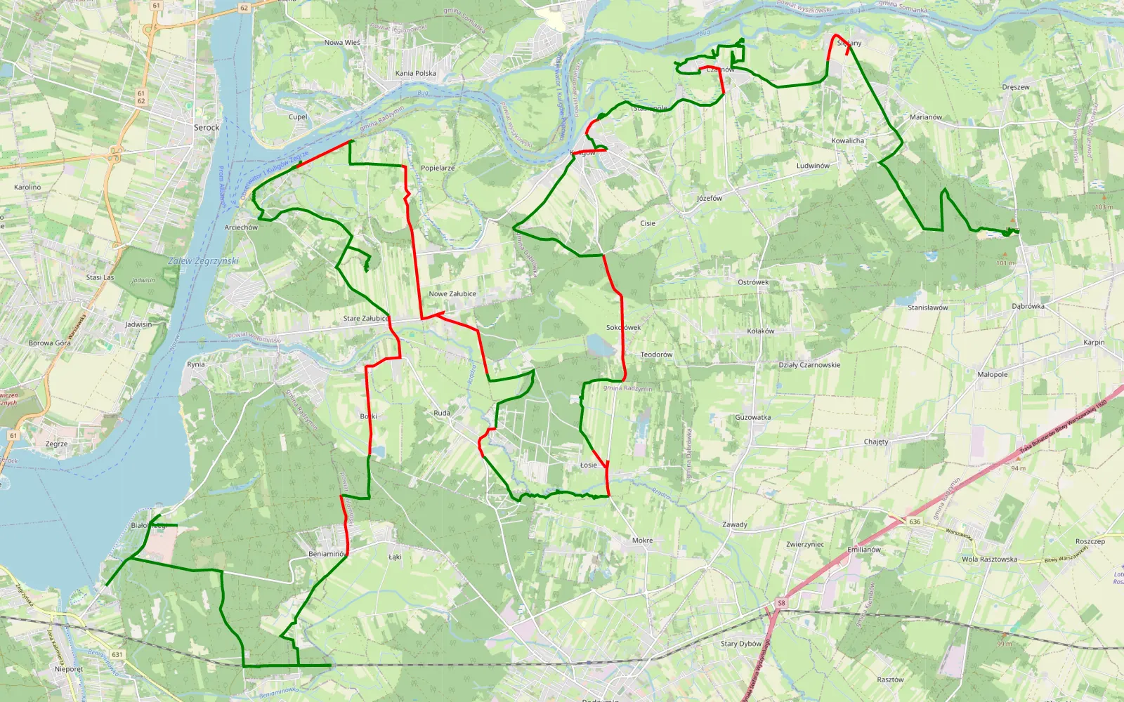 Mapa trasy Działkostrada - 61.1 km trasy offroad, Powiat Wołomiński