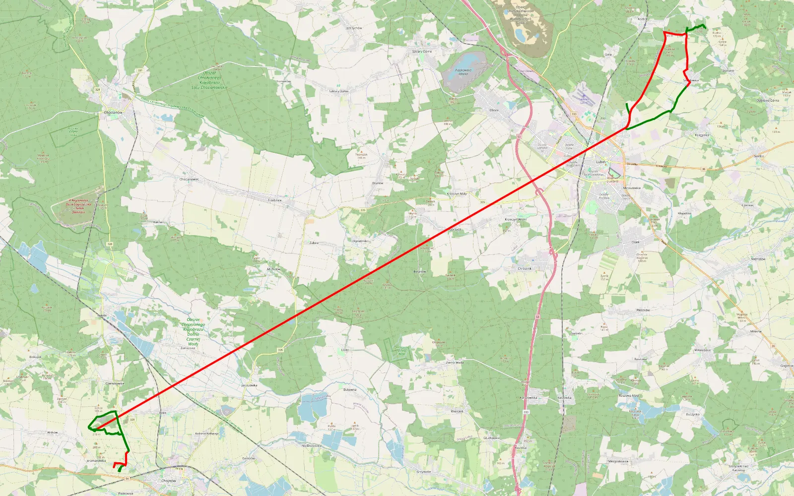 Map of Małomice - Jerzmanowice - 50.5 km offroad trail, Lubin County