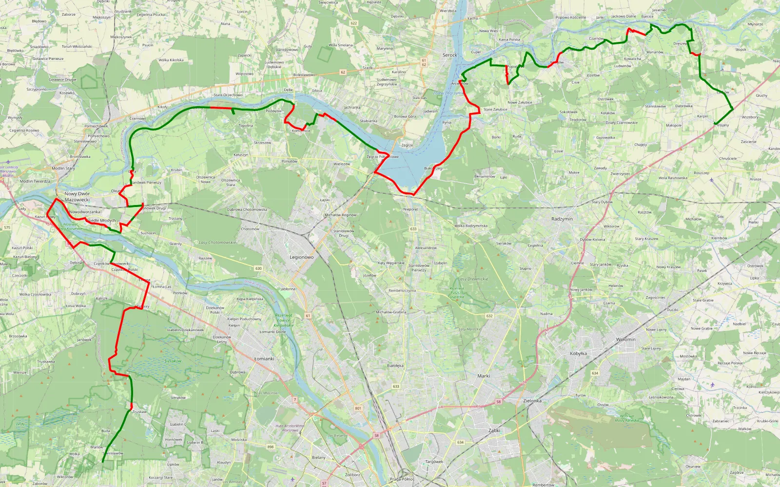 Mapa trasy /home/mberkan/pCloudDrive/My Pictures/Zdjęcia rodzinne Berkanów/2022-06-18 motocykl-borzecin-trojany/bt shared tracks (4).gpx /h - 104.9 km trasy offroad, Powiat Legionowski