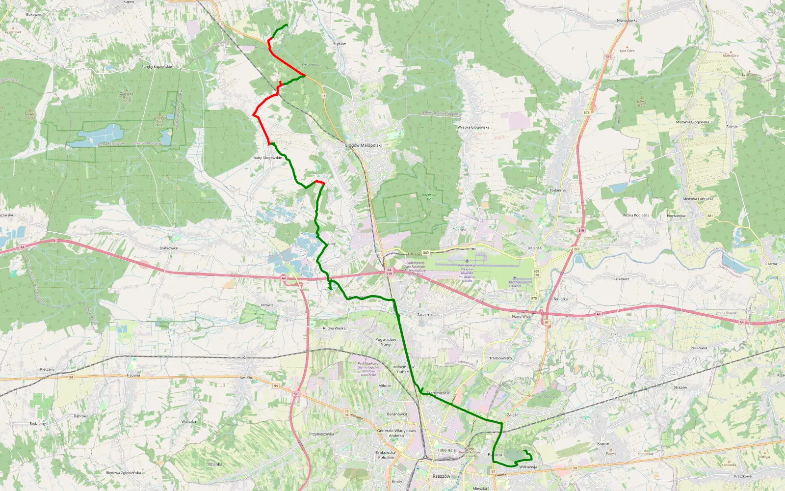 Map of Wilkowyja - Miłocin - 26.7 km offroad trail, Rzeszów County