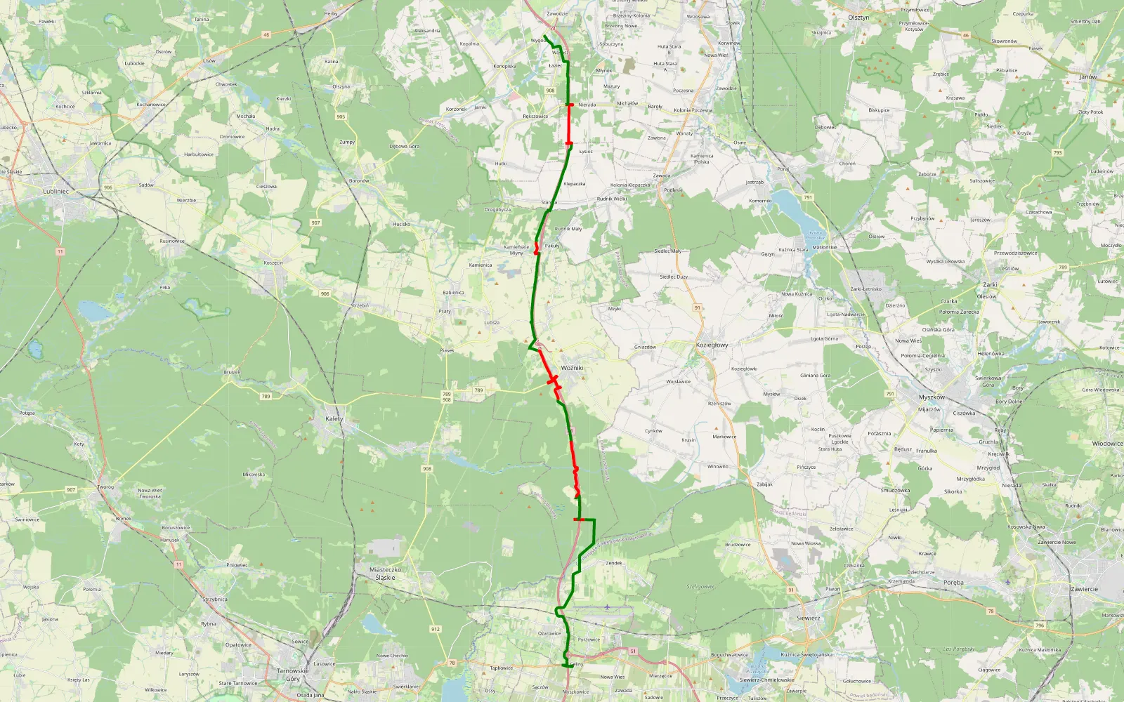 Mapa trasy Celiny - Wygoda - 33.5 km trasy offroad, Powiat Lubliniecki