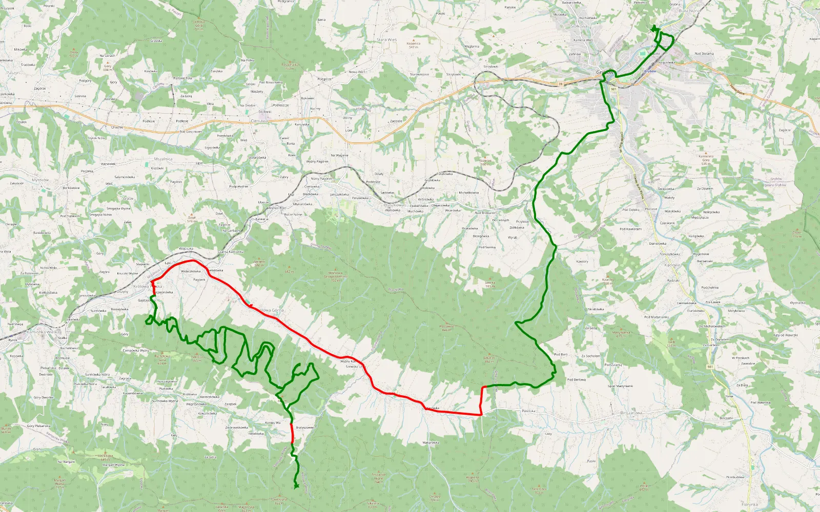 Map of Królowa Polska - Grybów - 38.6 km offroad trail, Nowy Sącz County