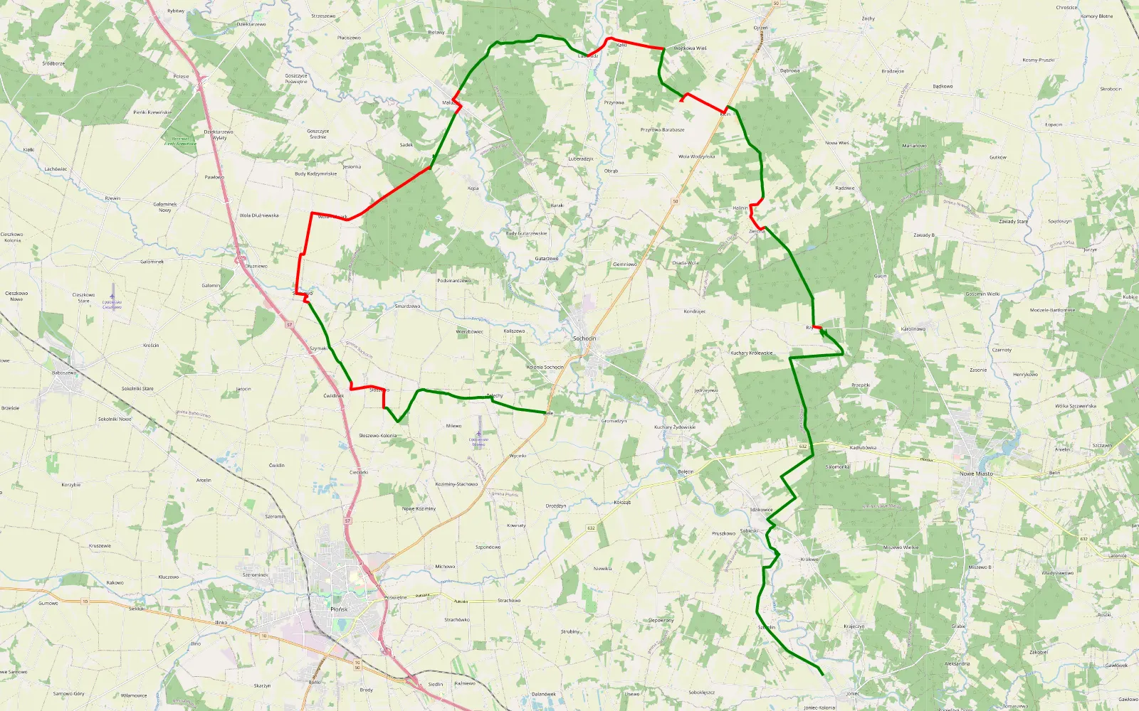 Mapa trasy Joniec - Biele - 44.9 km trasy offroad, Powiat Płoński