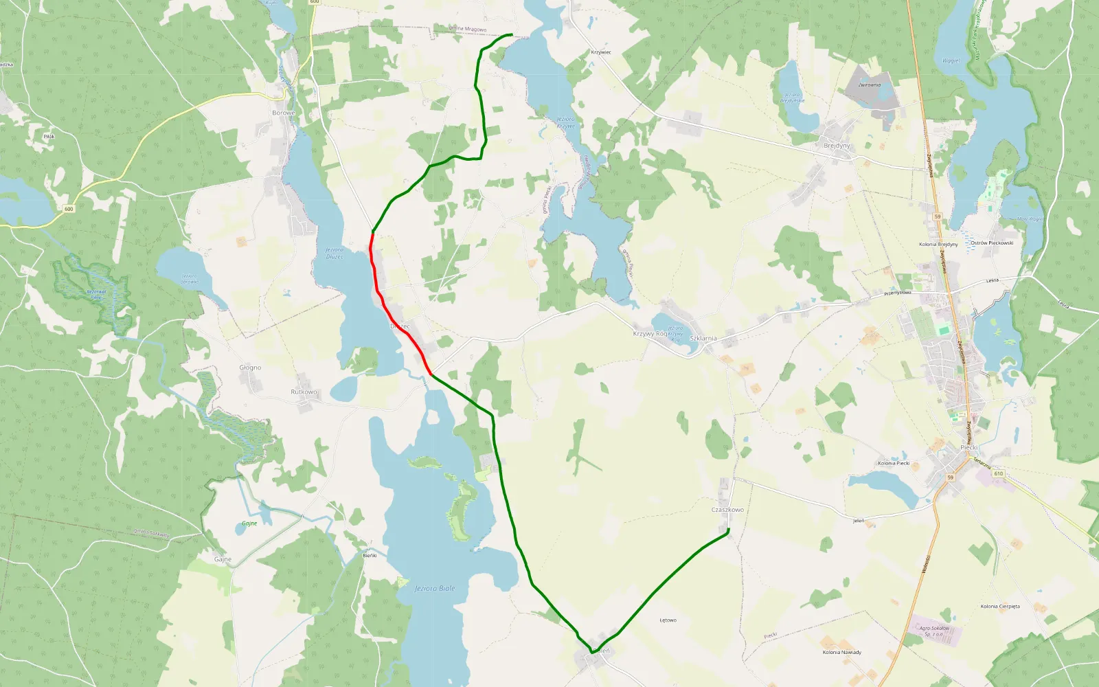 Mapa trasy Krzywe - Czaszkowo - 8.9 km trasy offroad, Powiat Mrągowski