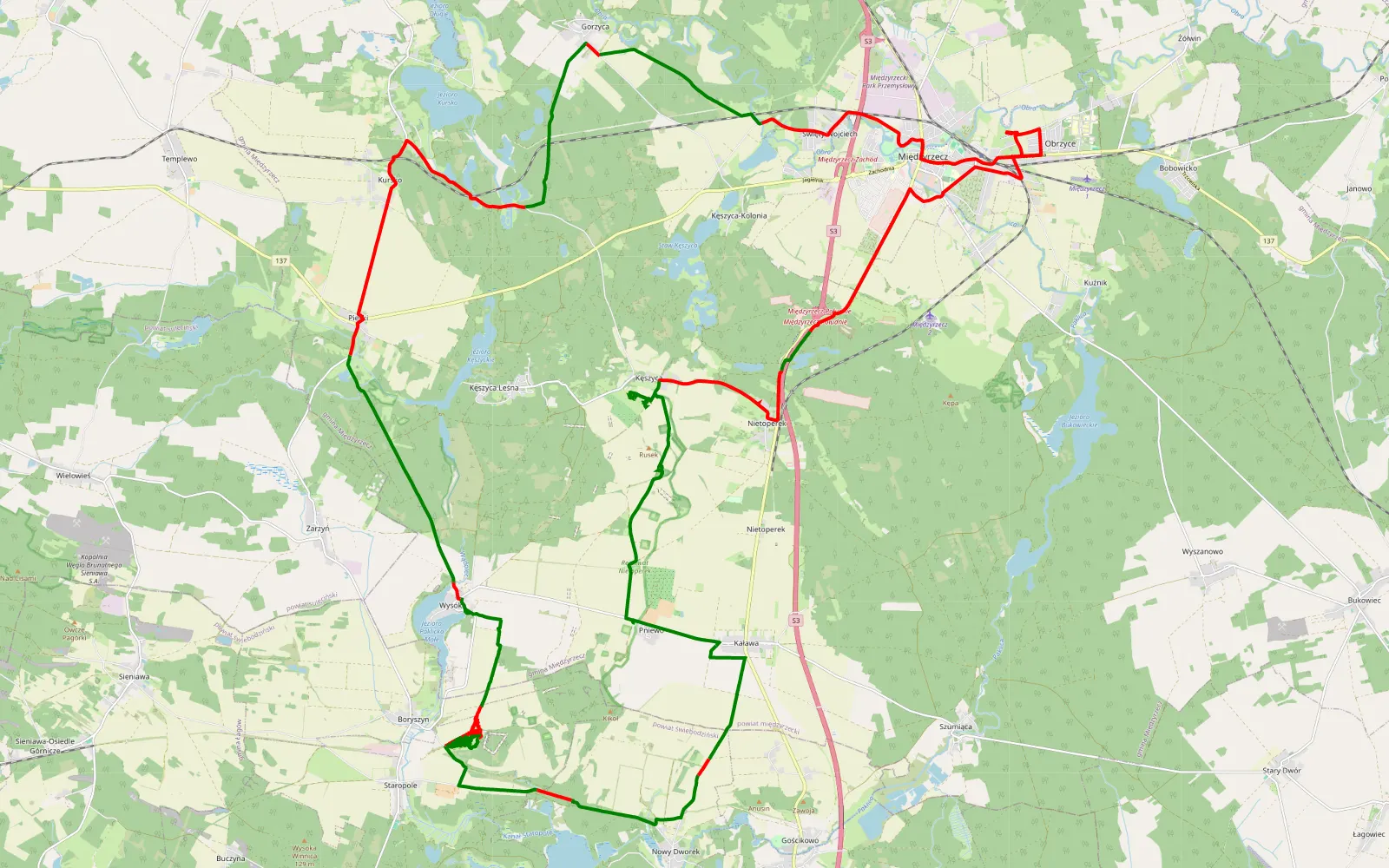 Mapa trasy Zacisze - 60.6 km trasy offroad, Powiat Międzyrzecki