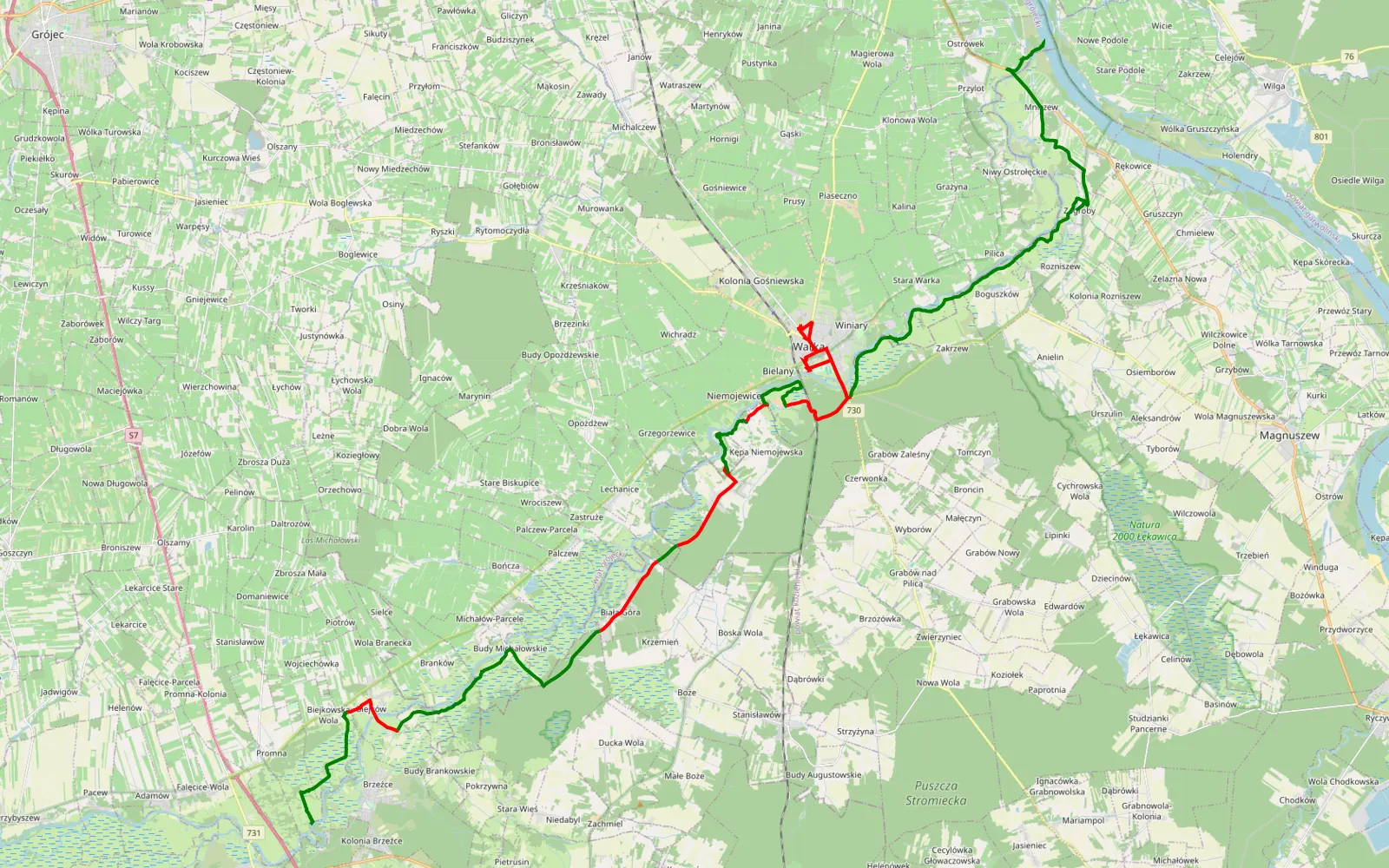Mapa trasy Kolonia Brzeźce - Tatarczysko - 48.3 km trasy offroad, Powiat Grójecki
